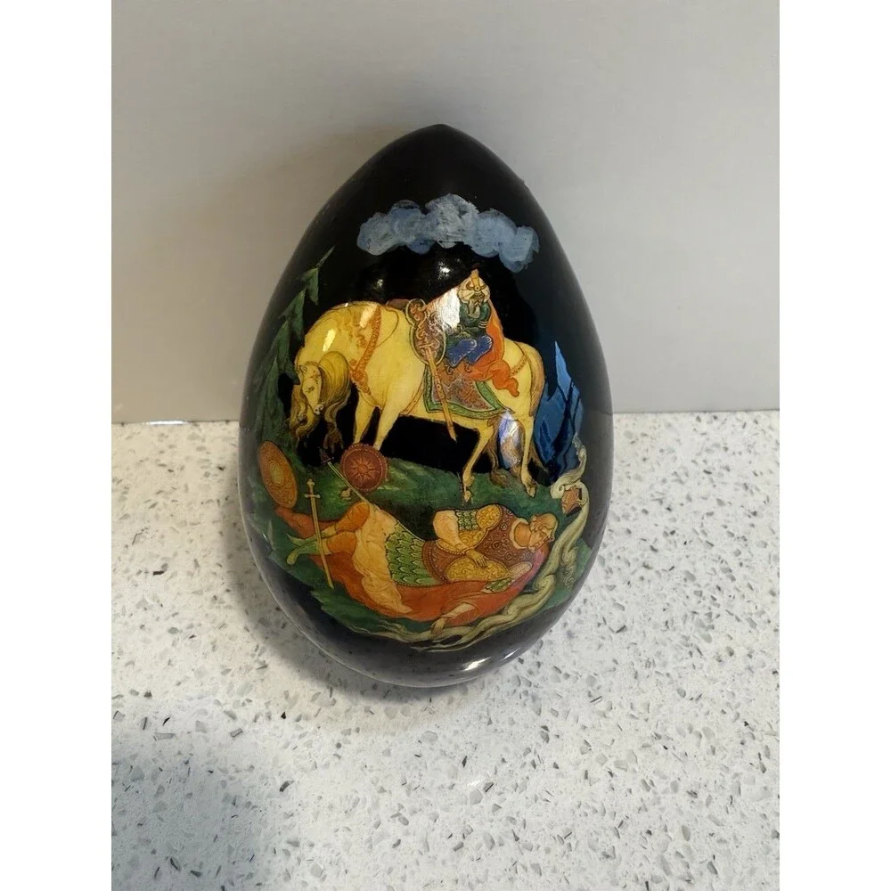 Vintage Russian Hand painted Lacquer Wooden Egg Fairytale Scene Signed 4